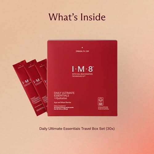 IM8 Daily Ultimate Essentials All-in-One Multivitamin Supplement Travel Packs, 92 Nutrient Rich Ingredients CoQ10, Probiotics, Vitamins, Greens, Gluten Free, Vegan, Acai Mixed Berry, 30 Servings