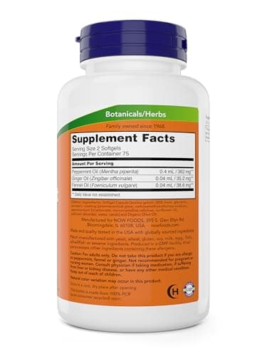 Now Peppermint Gels with Ginger Oil and Fennel Oil, 150 Softgels (Pack of 2), Enteric Coated