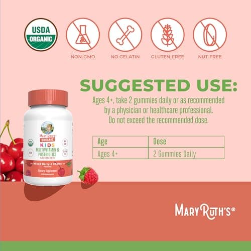 MARYRUTH'S Kids Vitamins USDA Organic | Multivitamin Gummies + Postbiotics for Ages 4+ | Multivitamin for Kids with Lactobacillus Rhamnosus | Children’s Vitamins | Vegan | Non-GMO | 60 Count