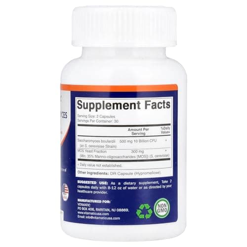 Vitamatic Saccharomyces Boulardii Probiotic 10B per Serving + Yeast Extract (MOS Yeast Fraction) 300 mg - 60 DR Capsules - Made in the USA