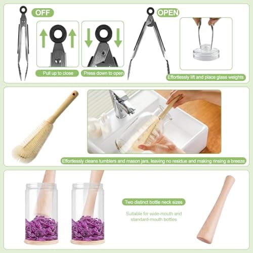 Fermentation Kit for Wide Mouth Mason Jars-4 Stainless Steel Fermentation Lids,4 Glass Fermentation Weights,1 Silicone Tong,1 sauerkraut pound, 1Wooden Handle Brush Cleaner（ Jars Not Included ）
