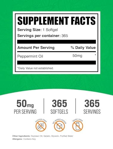 BulkSupplements.com Peppermint Oil Softgels - Peppermint Supplement, Peppermint Oil Pills, Peppermint Oil Capsules 50mg - Gluten Free, 1 Softgel per Serving, 365 Count (Pack of 1)