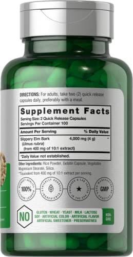 Horbäach Slippery Elm Bark Capsules | 200 Pills | Herbal Supplement | Non-GMO & Gluten Free