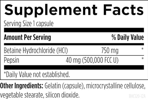 Designs for Health Betaine HCl with Pepsin - 750mg Betaine Hydrochloride + Protein Digestive Enzyme - Non-GMO Supplement to Support Digestive Function (120 Capsules)