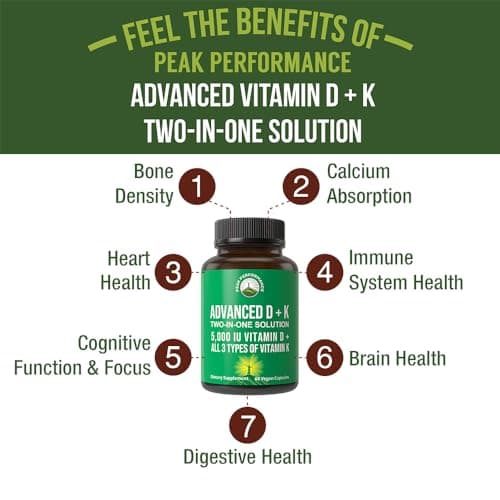 Peak Performance Advanced Vitamin D 5000 IU with All 3 Types of Vitamin K Vitamin D3 and Vitamin K2, K1, MK-7 (MK7), MK4 Supplement - 60 Small and Easy to Swallow Vegetable Capsules