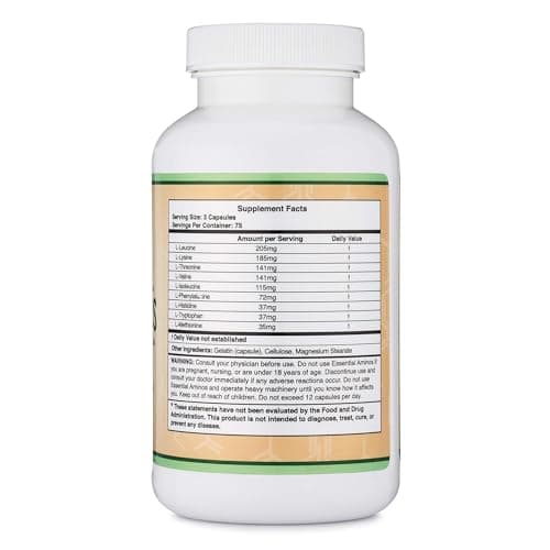 Essential Amino Acids - 1 Gram Per Serving Powder Blend of All 9 Essential Aminos (EAA) and All Branched-Chain Aminos (BCAAs) (Leucine, Isoleucine, Valine) 225 Capsules, Gluten Free by Double Wood