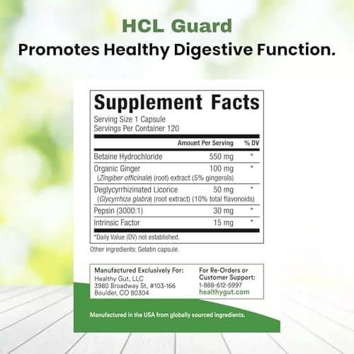 Healthy Gut HCL Guard | Betaine HCl with Pepsin | Betaine Hydrochloride Digestive Supplement w/Organic Ginger Root & DGL | 60 Servings