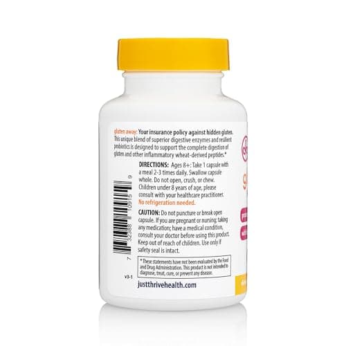 Just Thrive Gluten Away - 30 Servings Digestive Enzymes + Probiotic Support for Gluten Defense - Vegan, Gut Health Supplement