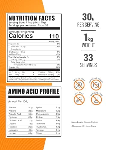 BulkSupplements.com Casein Protein Powder - Micellar Casein Powder, Slow Digesting Protein - Unflavored & Gluten Free, 30g per Serving, 1kg (2.2 lbs) (Pack of 1)