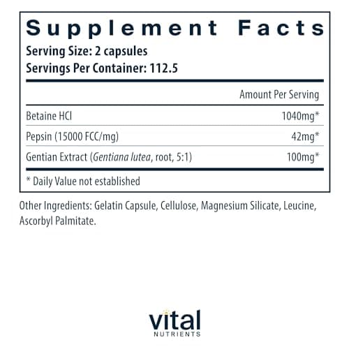 Vital Nutrients Betaine HCL Pepsin with Gentian Root Extract - Digestive Enzyme Formula to Support Protein Digestion and Nutrient Absorption* - Gluten, Dairy, Soy Free - 225 Capsules
