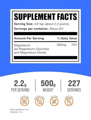BulkSupplements.com Magnesium Glycinate Powder - Magnesium Glycinate 300mg, Highly Absorbable - Gluten Free, 2.2g per Serving, 500g (1.1 lbs) (Pack of 1)