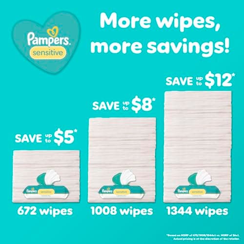 Pampers Sensitive Baby Wipes, Water Based, Clinically Proven, Hypoallergenic, and Unscented for Babies, 1344 Wipes Total (16 Flip-Top Packs) [Packaging May Vary]
