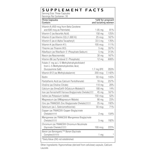 THORNE - Basic Prenatal - Well-Researched Folate Multi for Pregnant & Nursing Women - Includes 18 Vitamins & Minerals, Plus Choline - Third-Party Certified - Gluten, Dairy & Soy-Free - 30 Servings