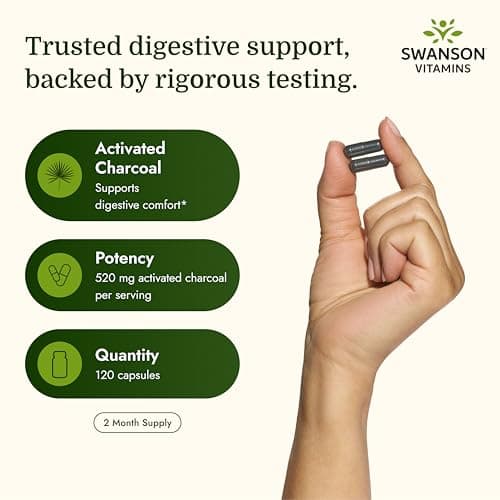 Swanson Activated Charcoal Digestive Support Supplement for Digestive-Comfort-Seeking Adults - 260 mg Per Capsule (120 Capsules, 520 mg Per Serving)