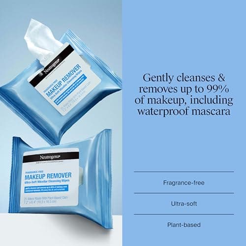 Neutrogena Fragrance-Free Makeup Remover Wipes, Daily Facial Cleanser Towelettes, Gently Removes Oil & Makeup, Alcohol-Free Makeup Wipes, 50 Count (2 Packs of 25)