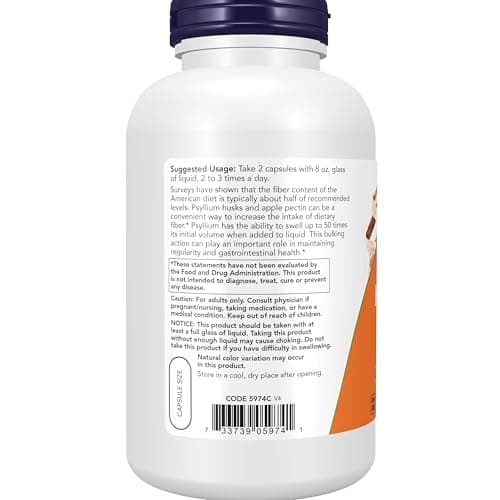 NOW Foods Supplements, Psyllium Husk Caps 700 mg with 50 mg of Apple Pectin, Intestinal Health*, 360 Veg Capsules