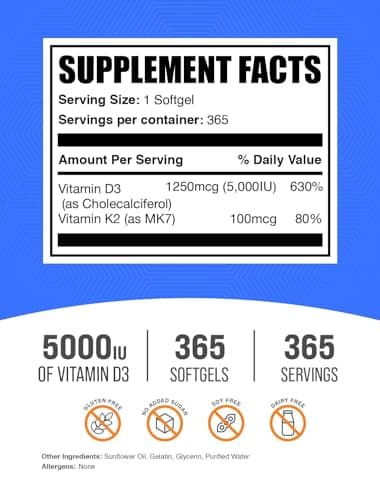 BulkSupplements.com Vitamin D3 + K2 5000 IU Softgels - D3 K2 Supplement, for Immune Health - Gluten Free, 1 Softgel per Serving, 365 Count (Pack of 1)