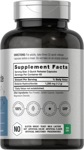 Horbäach Betaine HCl 1200mg | 180 Capsules | Betaine Hydrochloride Supplement | Non-GMO, Gluten Free