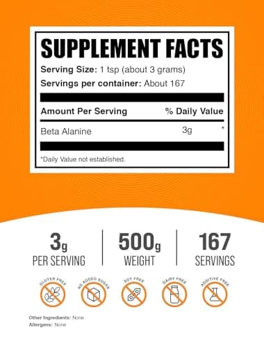 BulkSupplements.com Beta Alanine Powder - Beta-Alanine Supplement, Pre-Workout Supplement - Unflavored & Gluten Free, 3g per Serving, 500g (1.1 lbs) (Pack of 1)