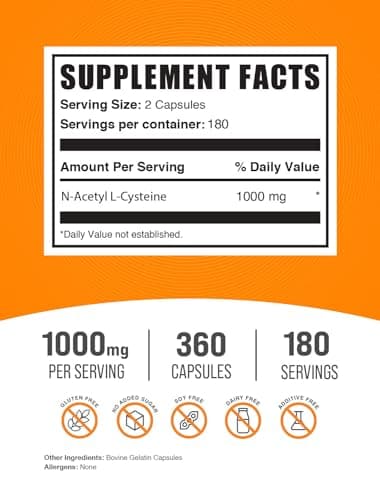 BulkSupplements.com N-Acetyl L-Cysteine 1000mg Capsules - N-Acetyl Cysteine 1000mg, NAC Supplement - NAC 1000mg, Gluten Free - 2 Capsules per Serving, 360 Capsules (Pack of 1)
