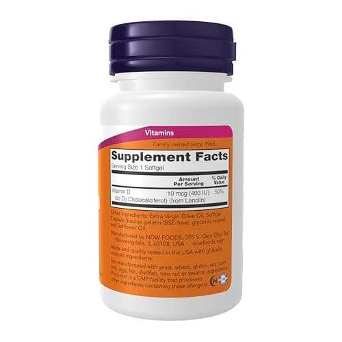 NOW Supplements, Vitamin D-3 400 IU, Strong Bones*, Structural support*, 180 Softgels