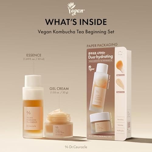 Dr.Ceuracle Vegan Kombucha Tea Essence and Gel Cream - Korean Skincare Gift Set for Holiday (Beginning Set)
