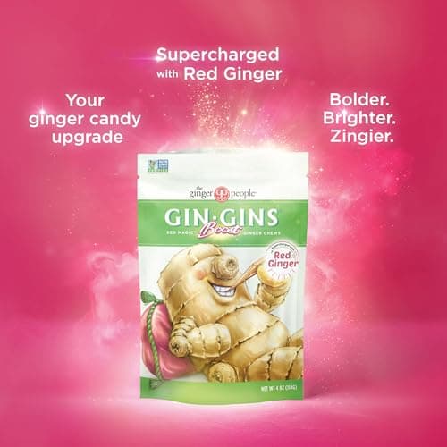 GIN GINS Boost Red Magic Ginger Chews – Natural Red Ginger Candy for Digestive Support, Immunity, Circulation, Nausea Relief – Spicy, Chewy Wellness Treat – 4oz Bag (Pack of 2)