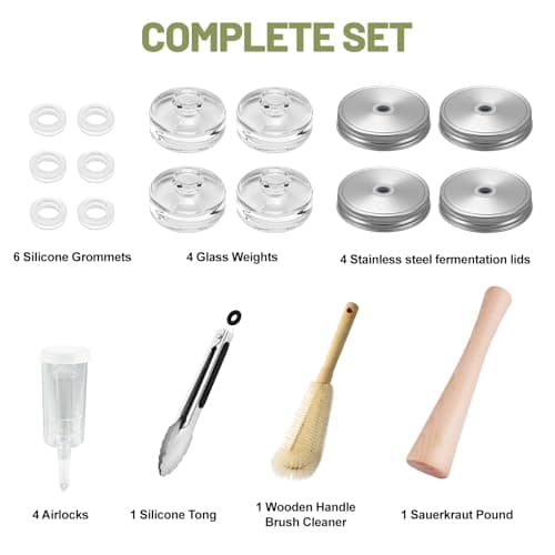 Fermentation Kit for Wide Mouth Mason Jars-4 Stainless Steel Fermentation Lids,4 Glass Fermentation Weights,1 Silicone Tong,1 sauerkraut pound, 1Wooden Handle Brush Cleaner（ Jars Not Included ）