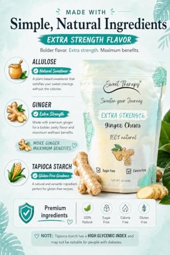 Sweet Therapy Extra strength Ginger Chews Sugar Free - Sugar free ginger candy - Sugar free Candy -Sugar free snacks -Zero sugar candy - Calorie free candy - Double Strength ginger chews