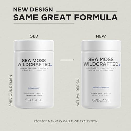 Codeage Raw Wildcrafted Irish Sea Moss Supplement, Spirulina Algae, Bladderwrack Seaweed, Burdock Root, Black Pepper, Vegan, Non-GMO, 120 Capsules
