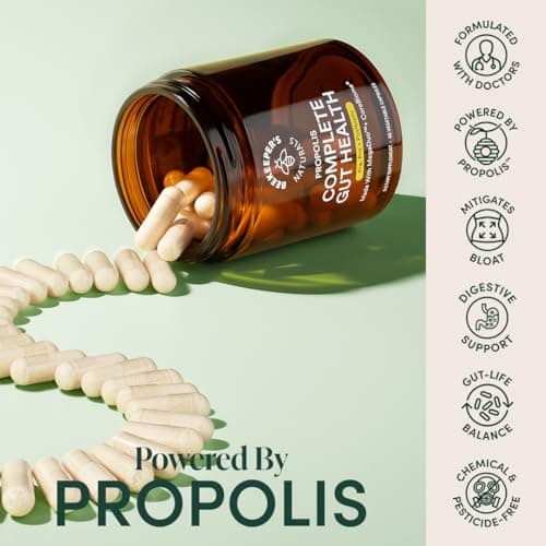 Complete Gut Health by Beekeeper's Naturals, 3-in-1 Prebiotic, Postbiotic, Probiotics for Digestive Health & Bloating Relief for Women & Men, Propolis Powered, Gluten-Free Vegan Capsules, 60ct