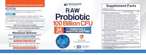 Wholesome Wellness Organic Raw Probiotics 100 Billion CFU, Dr Formulated for Women and Men, Complete Adult Supplement with Prebiotics and Digestive Enzymes; 30 Capsules, Shelf Stable