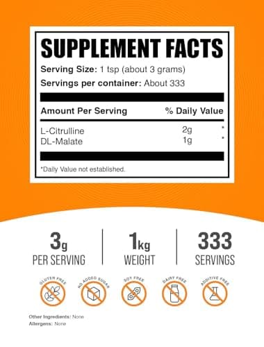 BulkSupplements.com L-Citrulline Malate 2:1 Powder - Nitric Oxide Boost, Citrulline Malate Supplement - Unflavored & Gluten Free - 3g per Servings, 1kg (2.2 lbs) (Pack of 1)