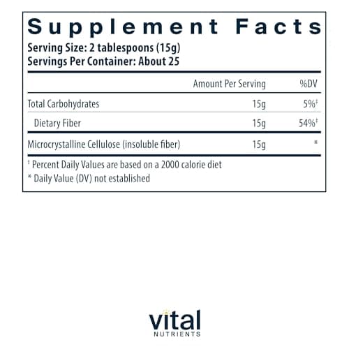 Vital Nutrients Cellulose Fiber Powder - 375g Cellulose Insoluble Fiber Powder - Fiber Supplement Powder Supports Healthy Bowel Function - Gluten, Dairy, Soy Free - Non-GMO - 60 Capsules