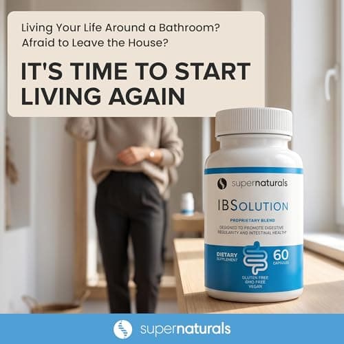 SuperNaturals IBSolution - Made in USA, Non-GMO, Gluten Free & Vegan (60 Capsules) - Digestive Gut Health Supplement With Psyllium Husk - Gas, Bloating, Diarrhea, Constipation Relief, Abdominal Pain