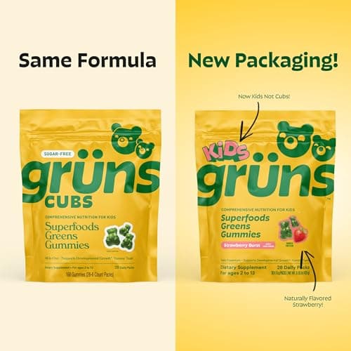 Gruns Multivitamin for Kids, Super Greens Gummies, Superfood Gummy Bears with 20+ Vitamins & Minerals, Spirulina, Chlorella, Alfalfa, Prebiotics Fiber for Digestive Health, Adaptogens Supplement, 28ct
