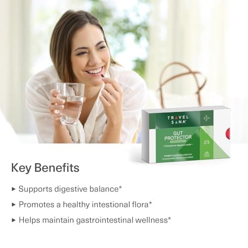 TRAVELSANA Travel Probiotics for Digestive Health, Immune Support & Occasional Traveler’s Diarrhea | Probiotics for Gut Health | Travel Essentials Supplement | Gut Protector | 30 Vegan Caps