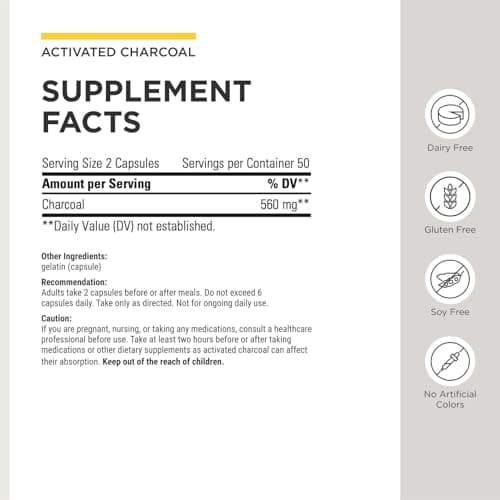 Integrative Therapeutics Activated Charcoal - Digestive & Gut Health Supplement* - Effective Gastrointestinal Support* - Gluten-Free & Dairy-Free - 100 Capsules (50 Servings)