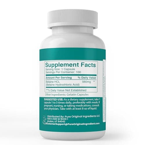 PURE ORIGINAL INGREDIENTS Betaine HCL, (100 Capsules) Always Pure, No Additives Or Fillers, Lab Verified