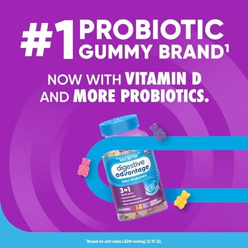 Digestive Advantage Probiotic Gummies for Digestive Health, Daily Probiotics for Women & Men, Support for Occasional Bloating, Minor Abdominal Discomfort & Gut Health, 80ct Natural Fruit Flavors