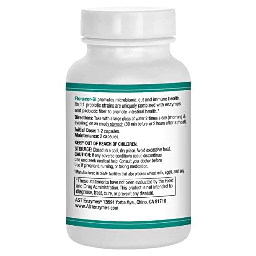 AST Enzymes Floracor - Supports Gut & Intestinal Health - Premium Probiotic, Prebiotic and Enzyme Formula - 60 Vegetarian Capsules