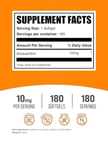 BulkSupplements.com Astaxanthin Softgels - Astaxanthin Supplements, Antioxidant Source - Gluten Free, 1 Softgel per Serving (10mg), 180 Count (Pack of 1)
