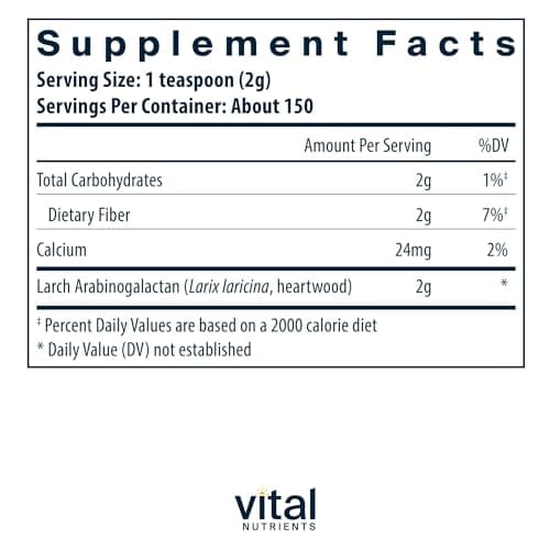 Vital Nutrients Arabinogalactan Powder - Vegan Prebiotic Fiber Supplement for GI Health, Liver, and Immune Support* - Gluten, Dairy, Soy Free - Non-GMO - 300g