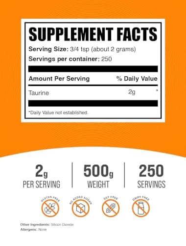 BulkSupplements.com Taurine Powder - Taurine Supplement, Amino Acid Supplement for Energy - Unflavored & Gluten Free, 2g per Serving, 500g (1.1 lbs) (Pack of 1)