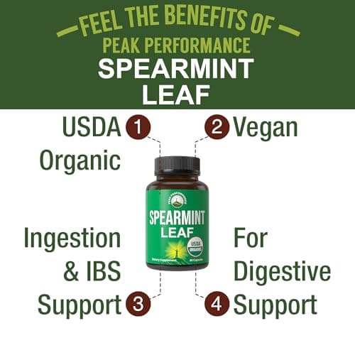 Peak Performance USDA Organic Spearmint Capsules. Organic Vegan Spearmint Leaf Pills for Digestive Support, Ingestion, and More. USA Tested Supplement for Women and Men.