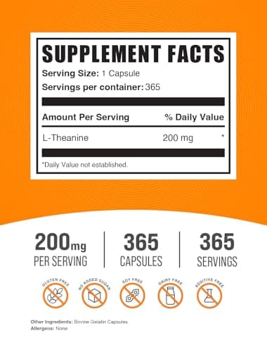 BulkSupplements.com L-Theanine Capsules - L-Theanine Supplement, L-Theanine 200mg, Theanine Pills - Amino Amino Supplement, Gluten Free - 1 Theanine Capsule per Serving, 365 Capsules