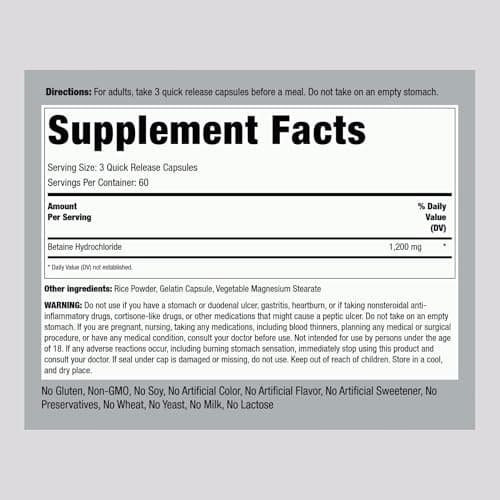 Piping Rock Betaine HCL Capsules | 1200mg | 180 Pills | Hydrochloride Supplement | Non-GMO, Gluten Free
