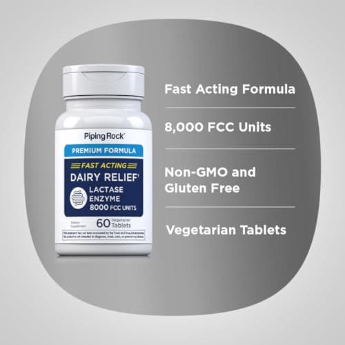 Piping Rock Dairy Relief Pills 8000 FCC | Fast Acting Tablets | 60 Count | Lactase Enzyme Supplement | Premium Formula | Vegetarian, Non-GMO, Gluten Free