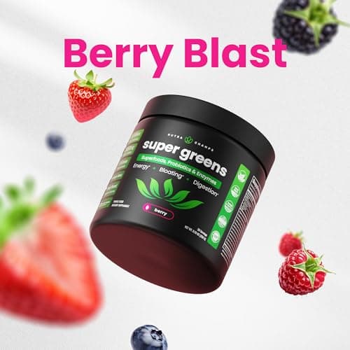 SuperGreens Powder, 40+ Organic Superfoods, Probiotics & Enzymes for Energy, Digestion, Gut Health & Bloating | Organic Fruit & Veggie Drink Mix, Daily Green Juice Smoothie Blend, Spinach, Noni Plus