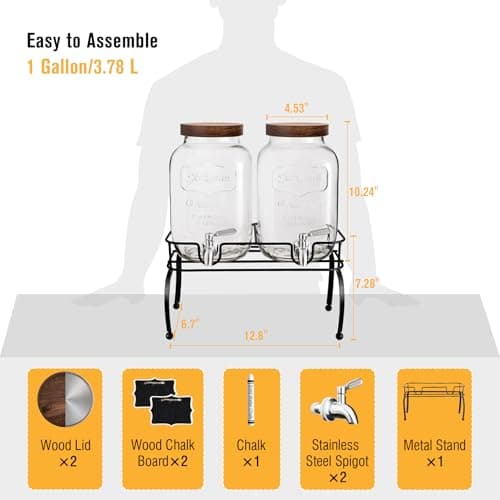 mustry Glass Drink Dispenser for Parties, 1 Gallon Beverage Dispenser with Stand and Spigot Solid Stainless Steel, Used as Lemonade Dispenser Sun Tea Jar Kombucha Jar, Set of 2